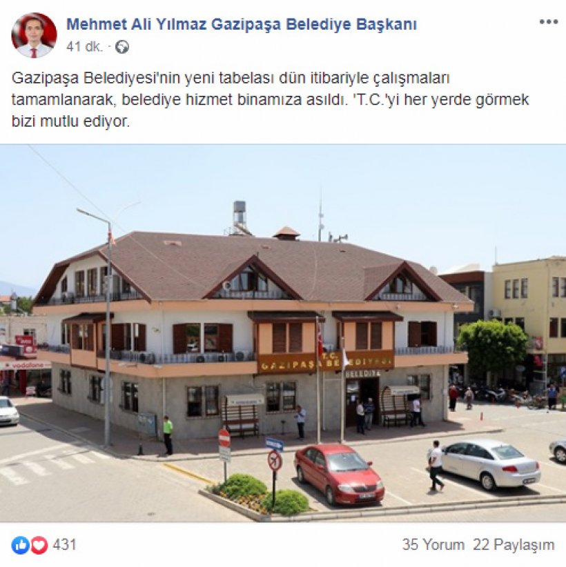 Gazipaşa Belediyesi TC ibaresini yerine koydu