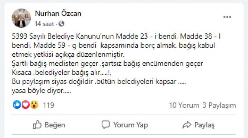 Kent Konseyi Başkanı Özcan'dan anlamlı paylaşım
