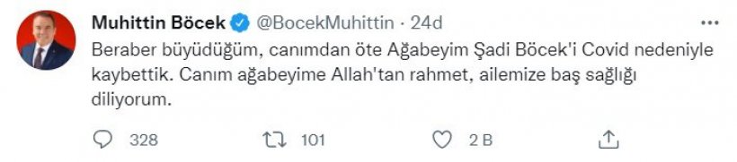 Başkan Muhittin Böcek'in ağabeyi Corona Virüs kurbanı