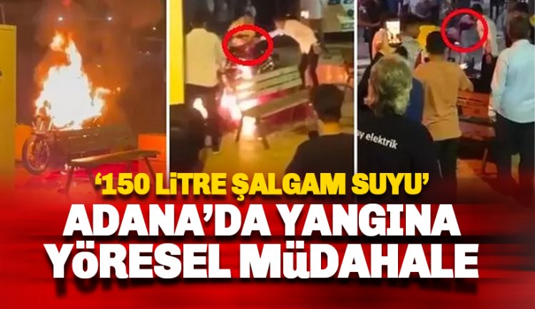 Adana'da alev alan bir motosiklet 150 litre şalgam suyu ile söndürüldü