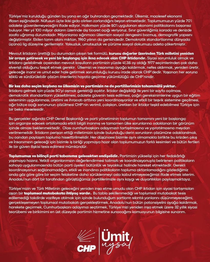 Son dakika: Ümit Uysal'dan CHP Genel Başkanlığı'na adaylık sinyali