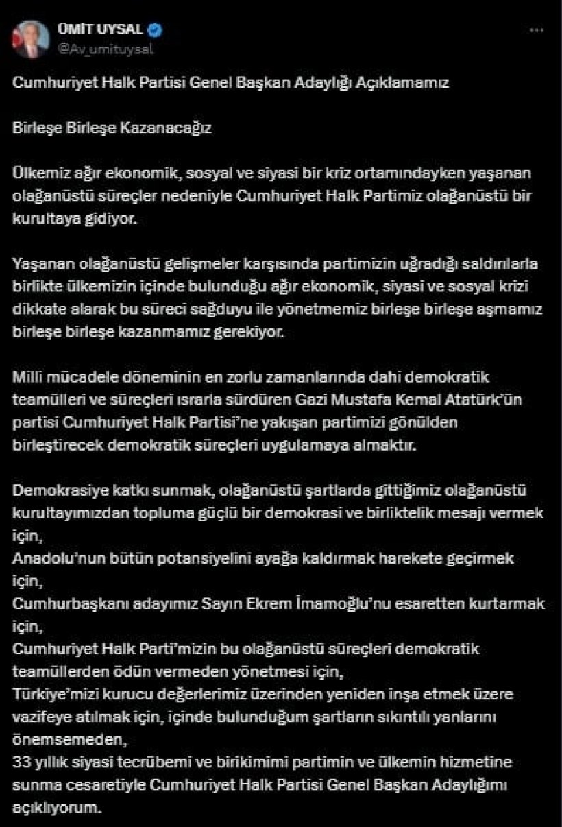 Son dakika: Ümit UYsal CHP Genel Başkan adayı olduğunu açıkladı