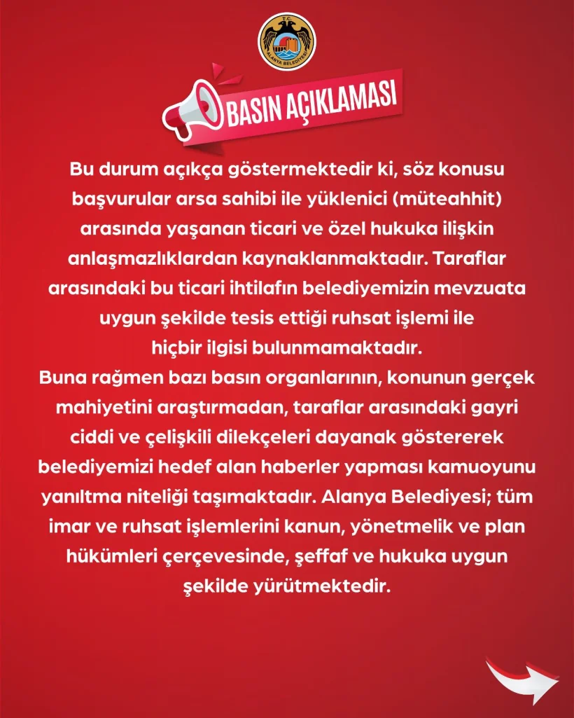 Alanya Belediyesi'nden gündemi meşgul eden imar iddialarına yalanlama