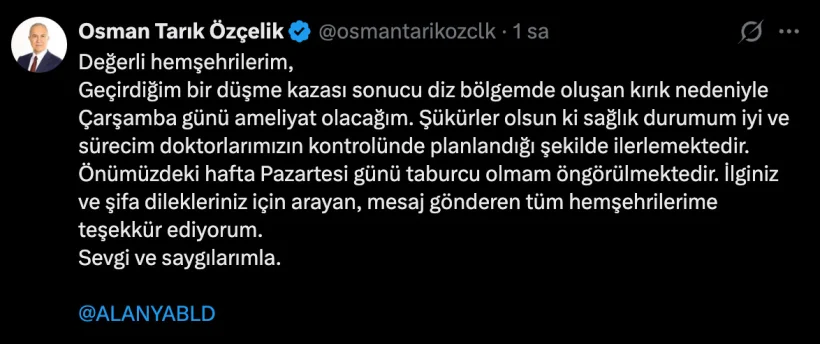 Son dakika: Başkan Özçelik'in ayağı kırıldı